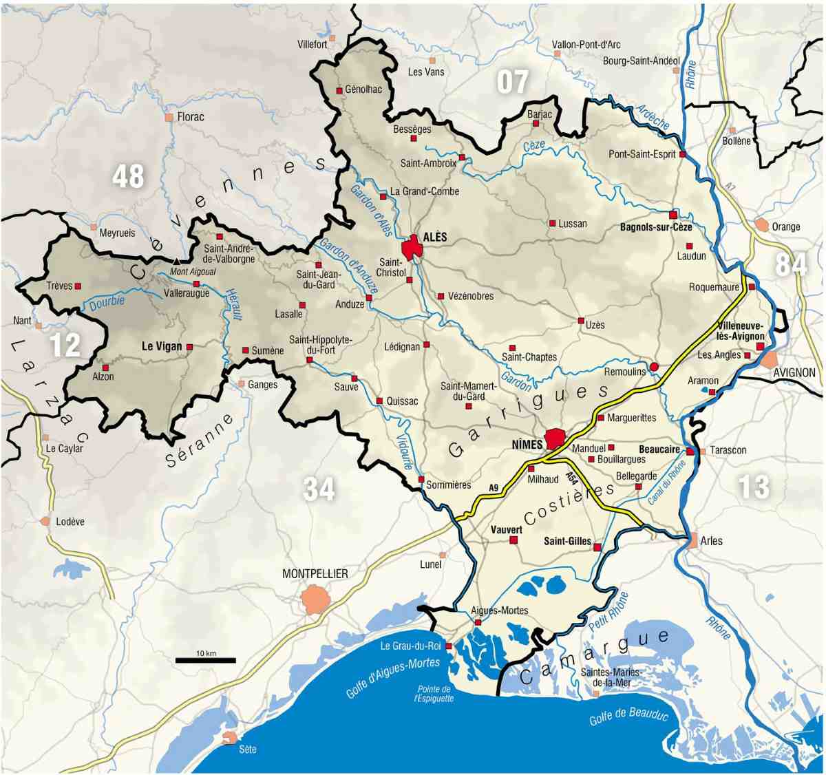 Carte de la zone d'intervention Etec pour la détection de fuite d'eau à Nîmes, Alès, Uzès et dans tout le département du Gard.